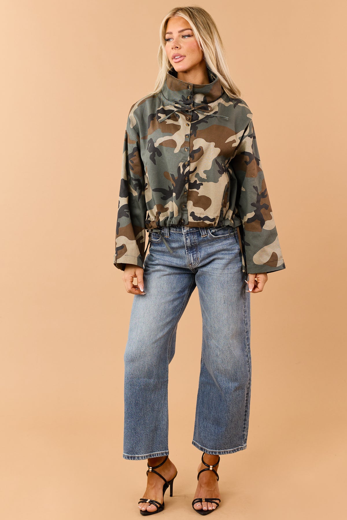 Army Green Camo Button Down Windbreaker Jacket