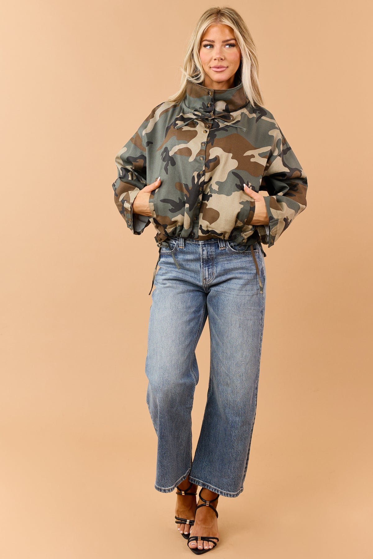 Army Green Camo Button Down Windbreaker Jacket