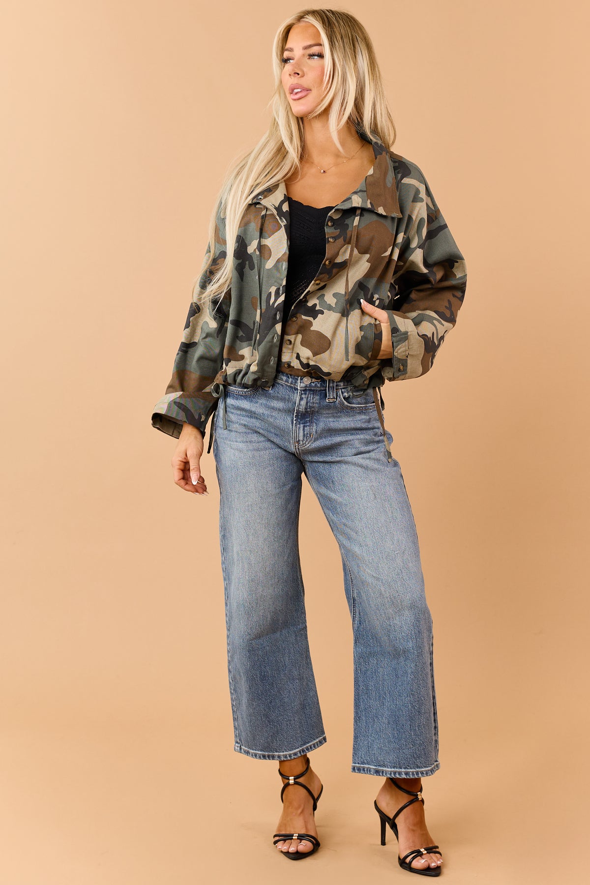 Army Green Camo Button Down Windbreaker Jacket
