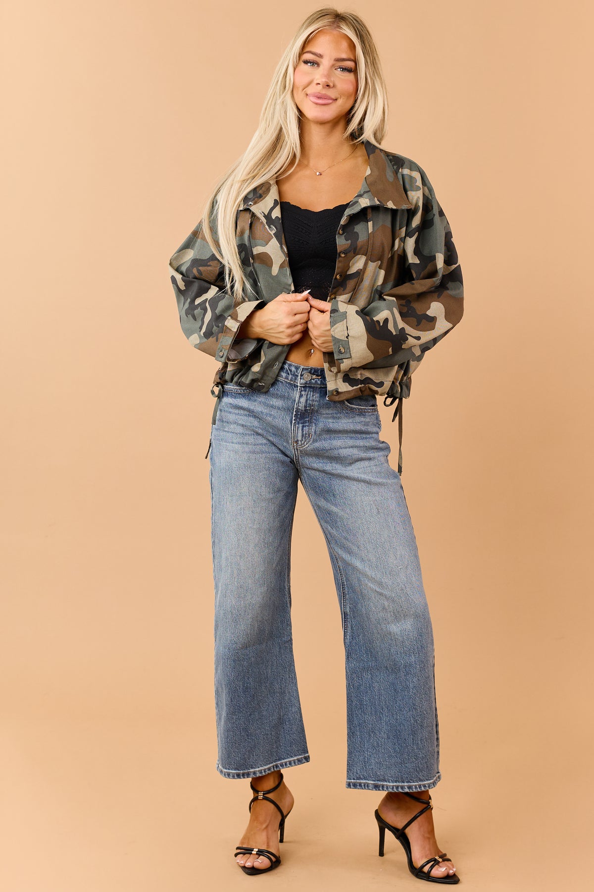 Army Green Camo Button Down Windbreaker Jacket