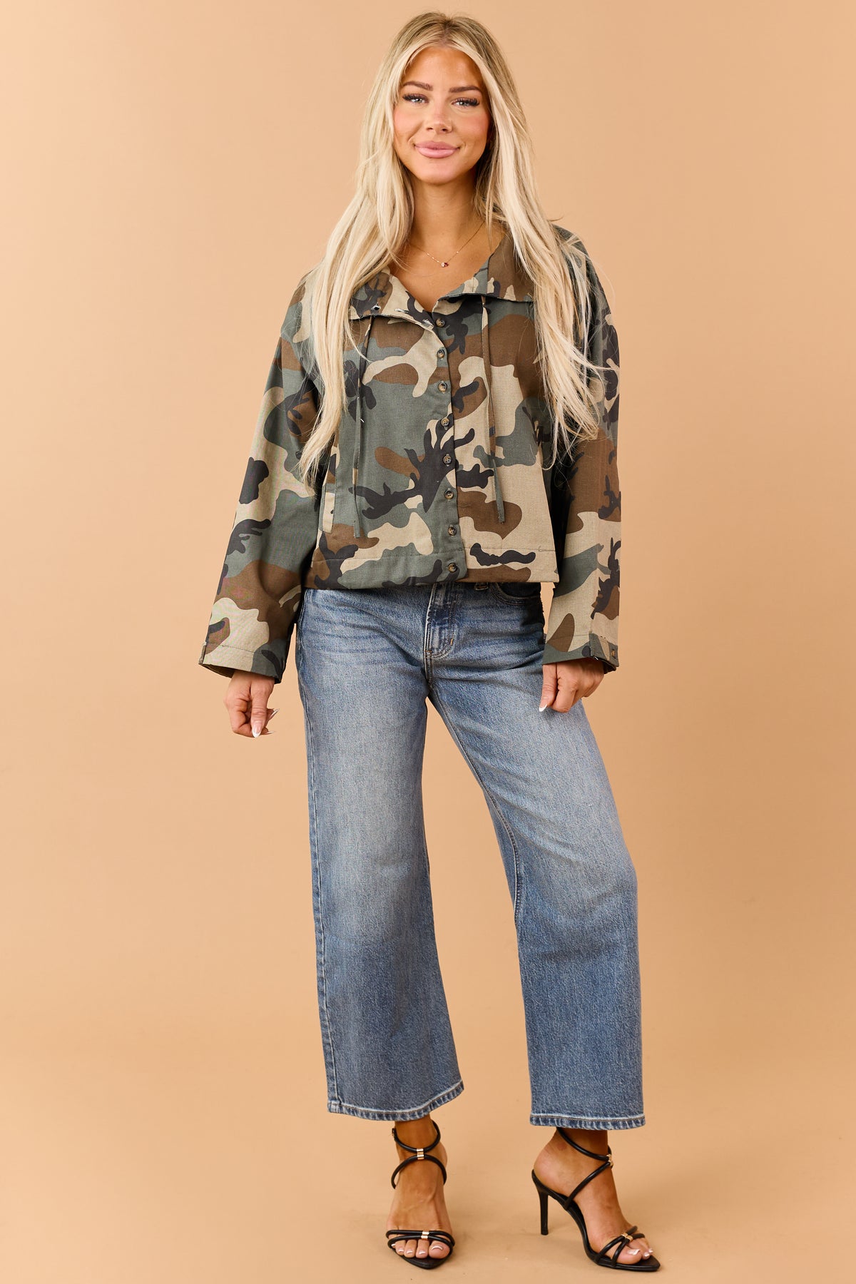 Army Green Camo Button Down Windbreaker Jacket