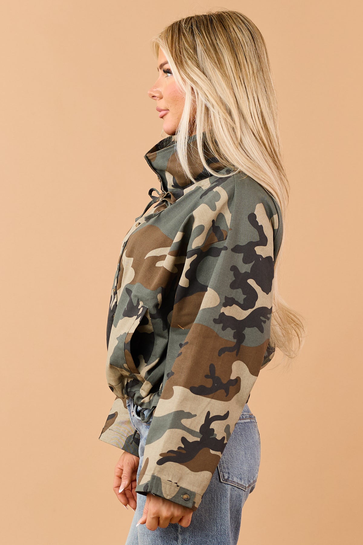 Army Green Camo Button Down Windbreaker Jacket