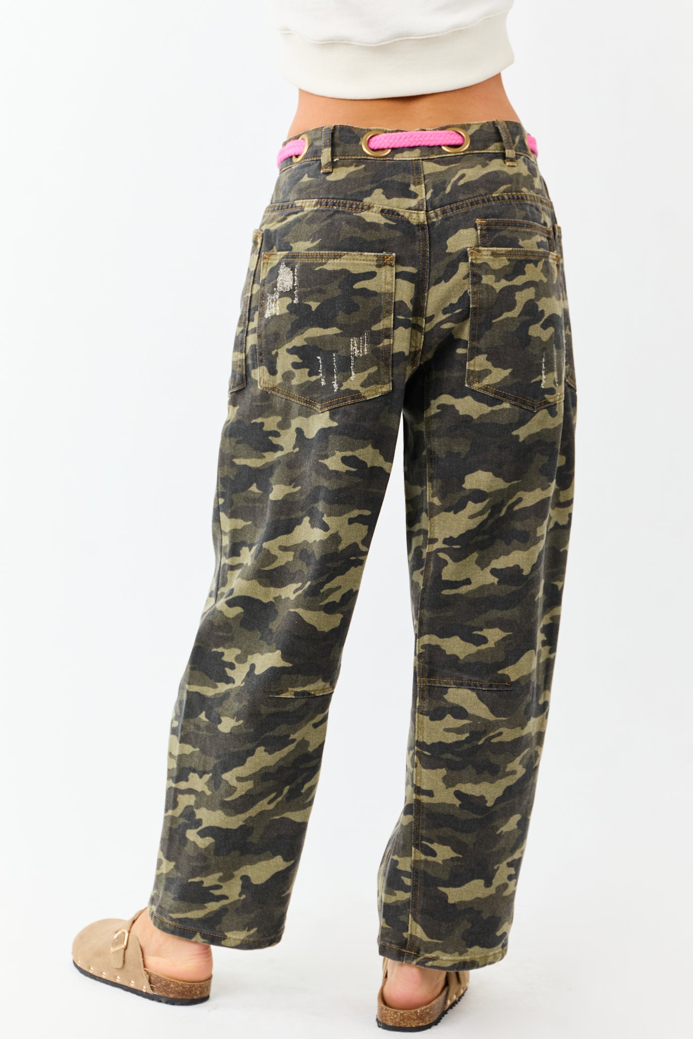 Army Green Camo Drawstring Waist Wide Leg Denim Pants