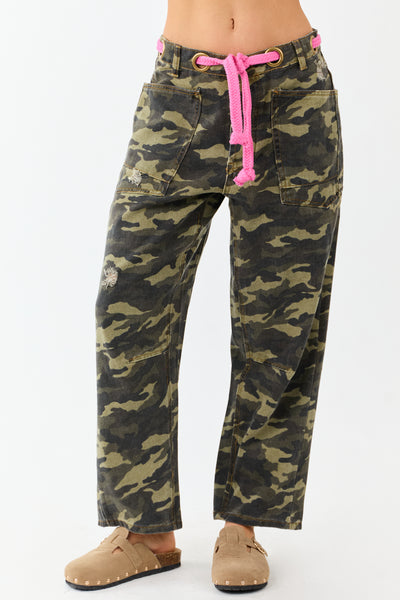 Army Green Camo Drawstring Waist Wide Leg Denim Pants