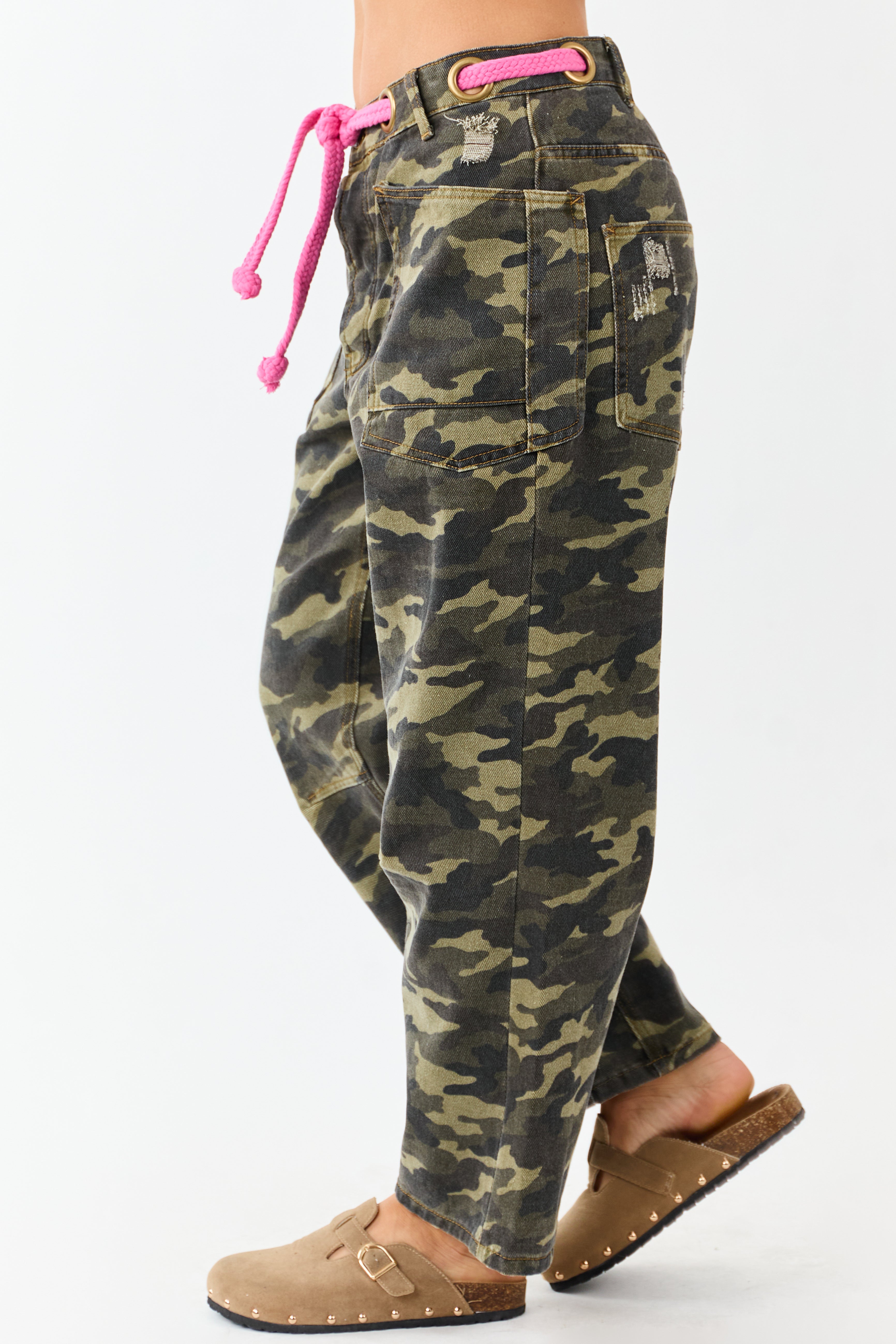 Army Green Camo Drawstring Waist Wide Leg Denim Pants