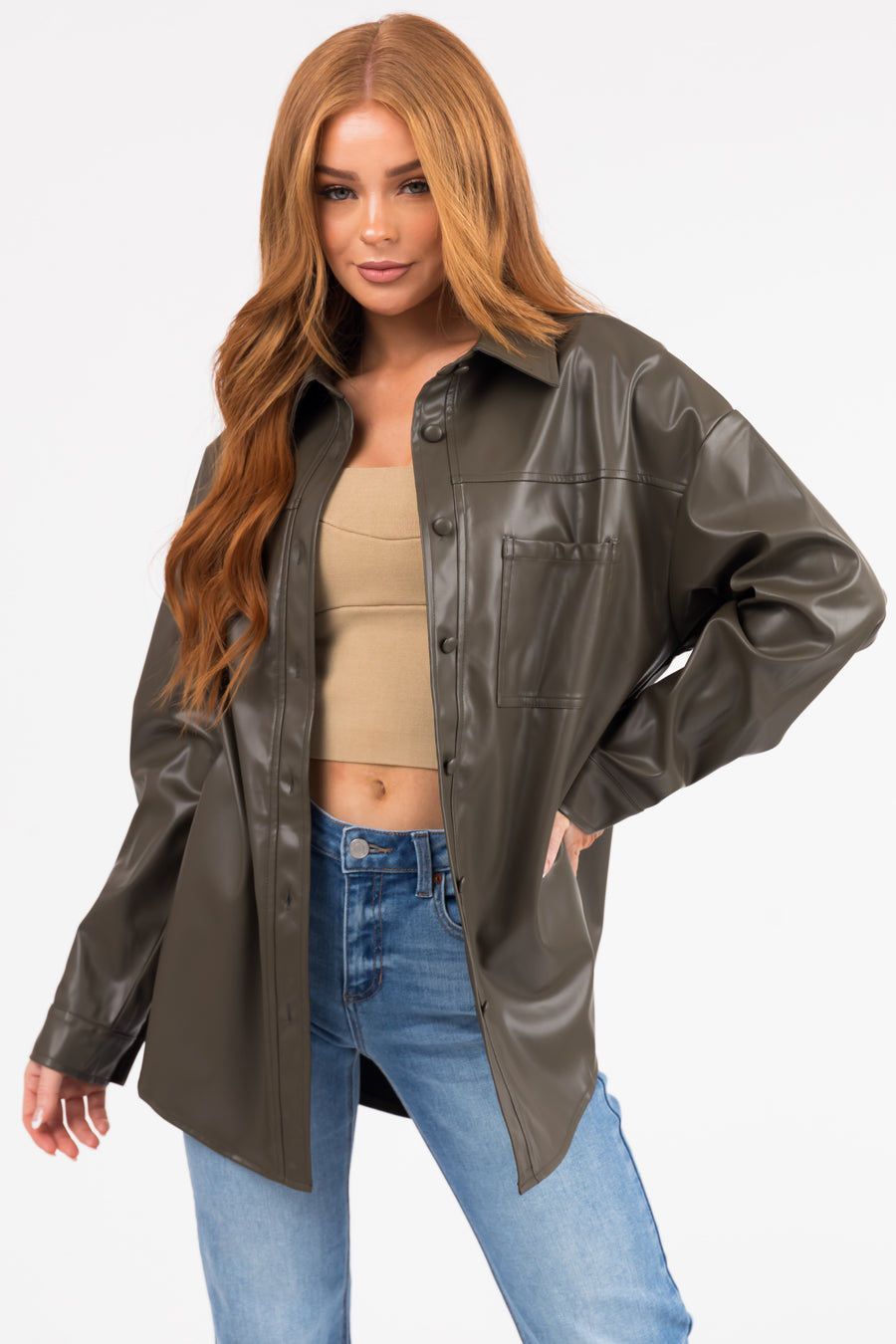 Army Green Faux Leather Button Down Shacket