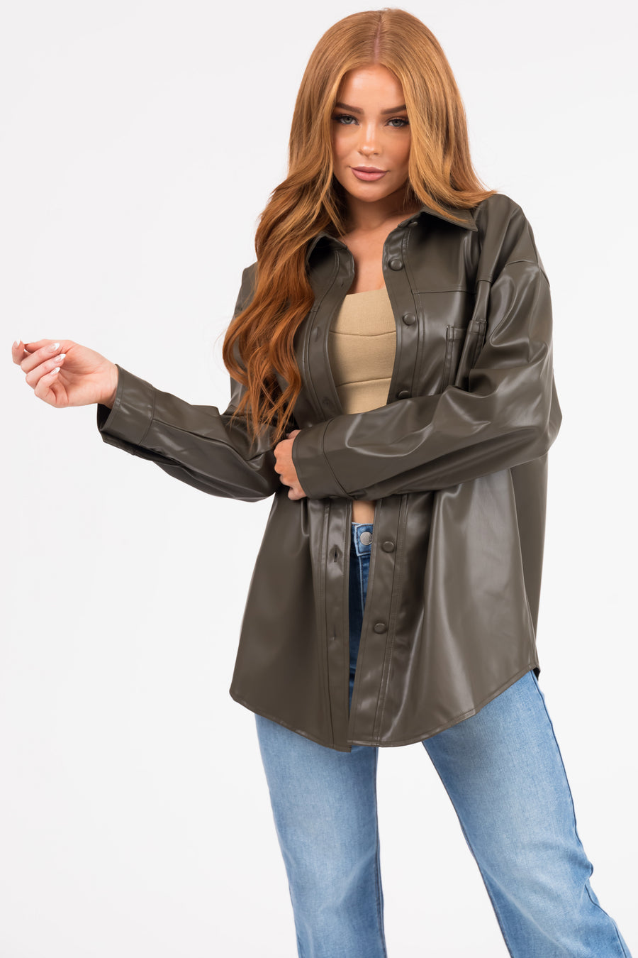 Army Green Faux Leather Button Down Shacket