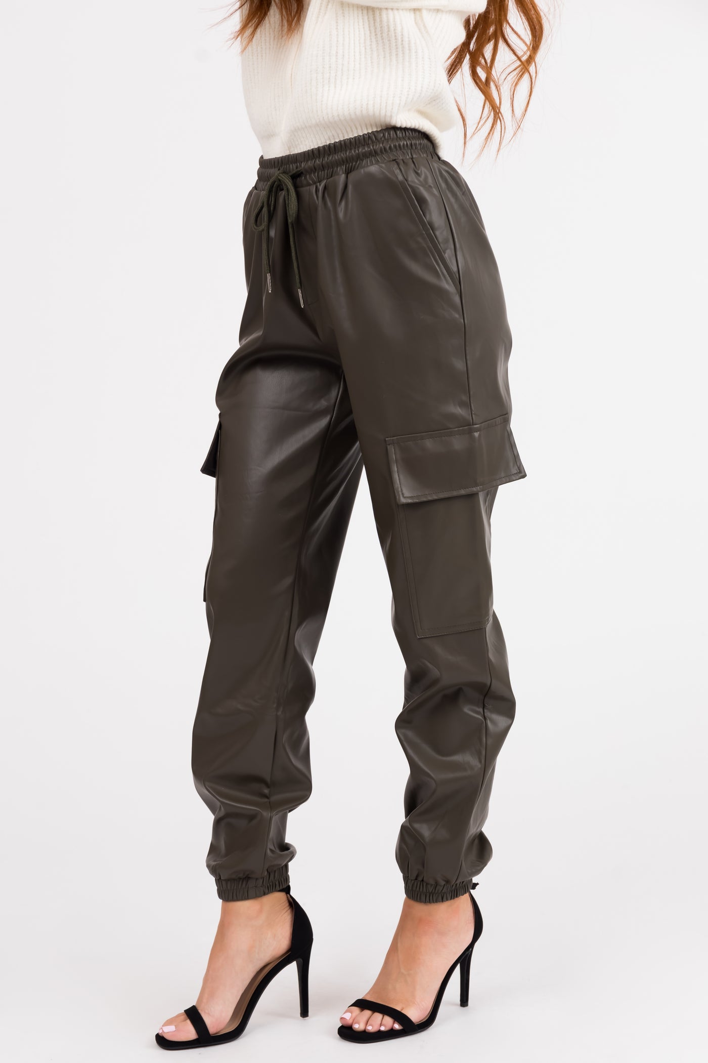 Army Green Faux Leather Smocked Cargo Pants