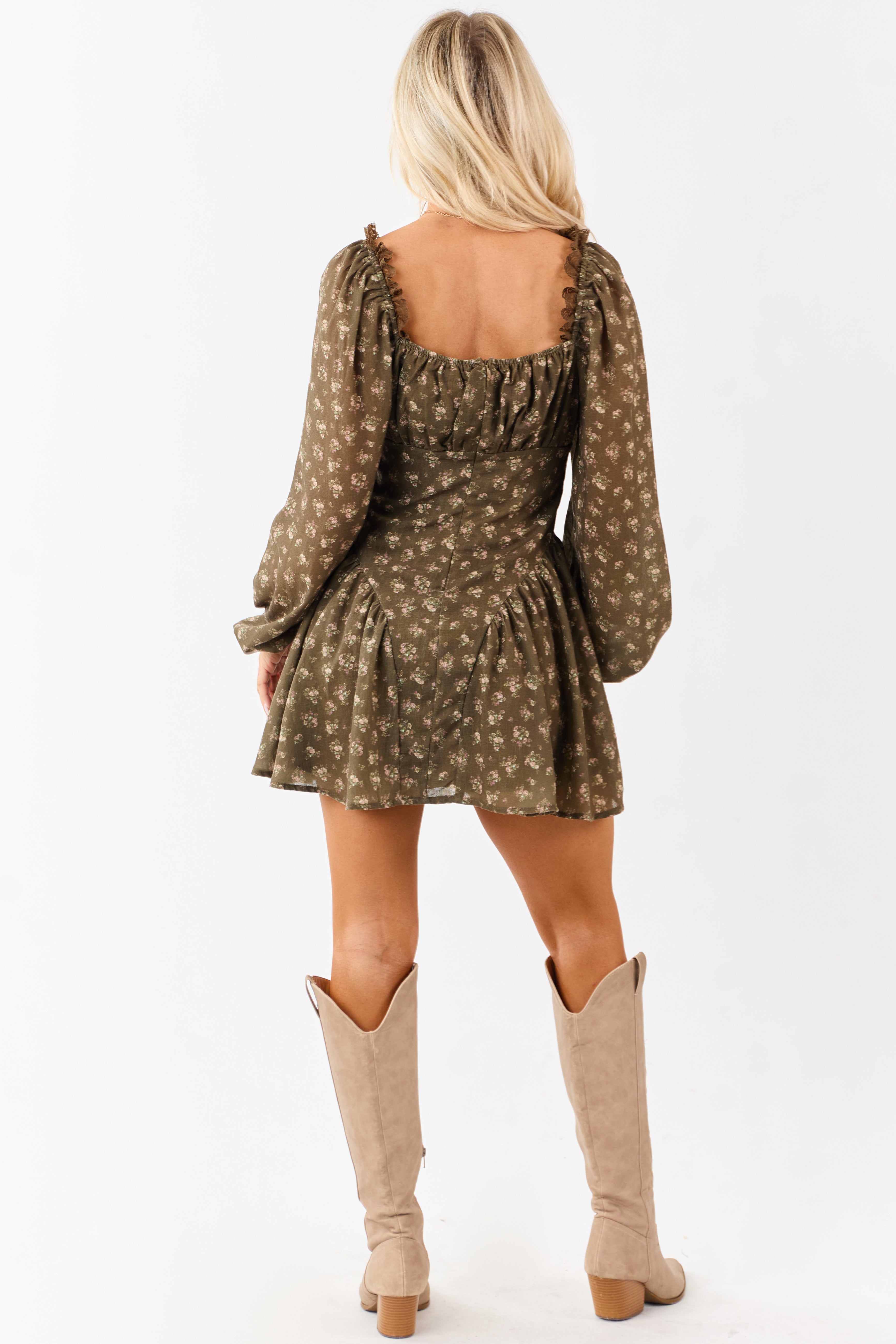 Army Green Floral Lace Trim Square Neck Mini Dress