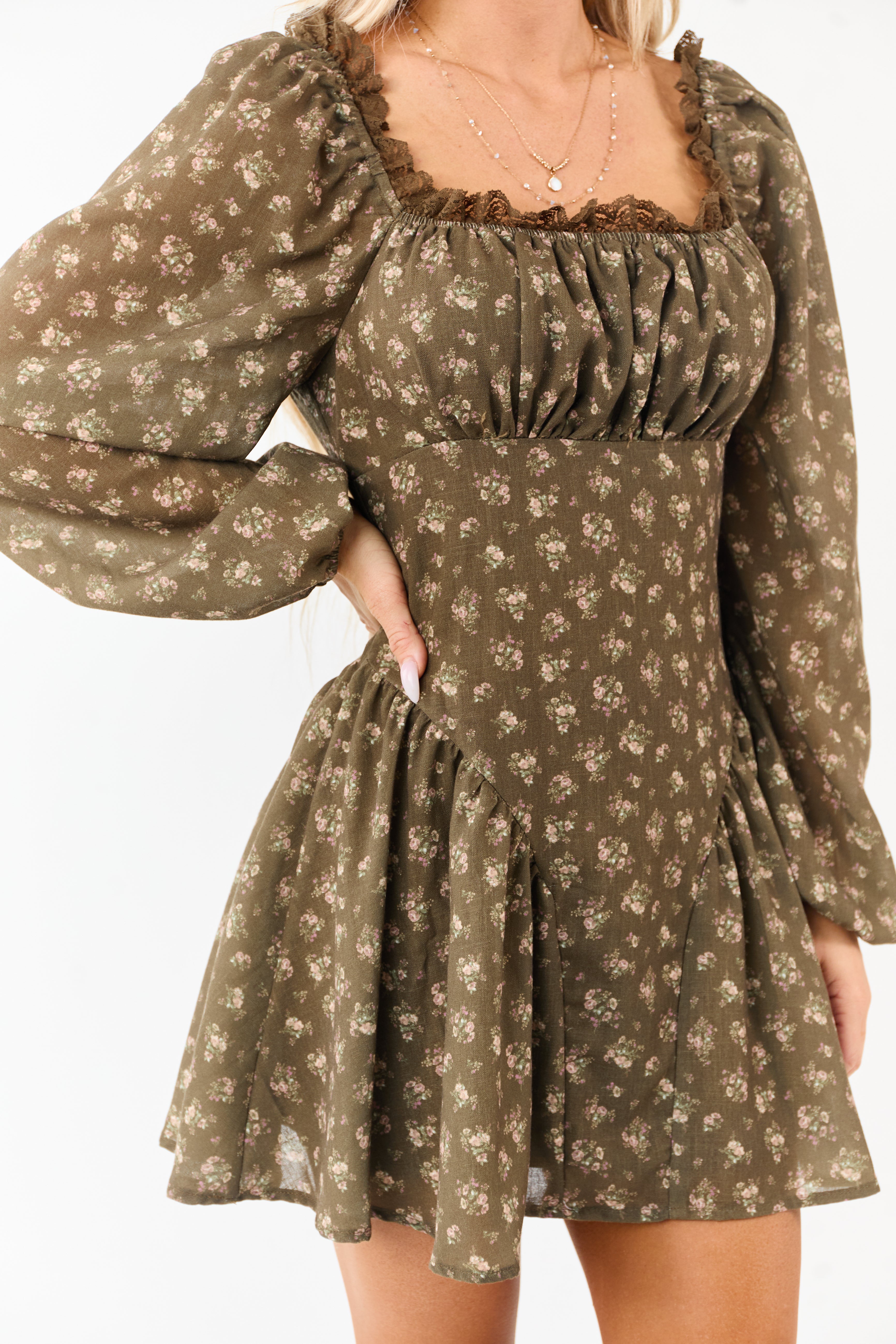 Army Green Floral Lace Trim Square Neck Mini Dress