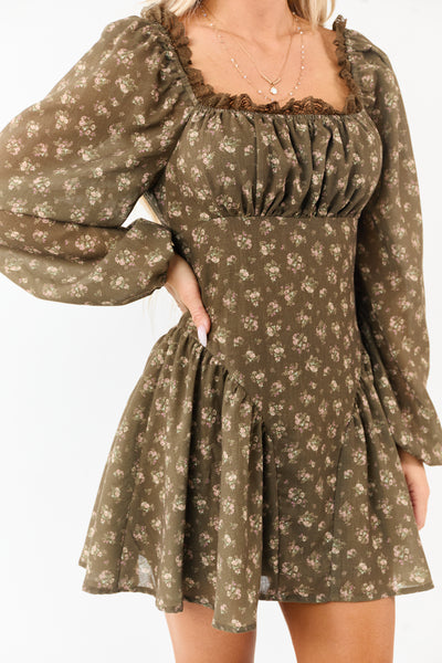 Army Green Floral Lace Trim Square Neck Mini Dress