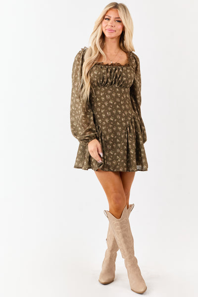 Army Green Floral Lace Trim Square Neck Mini Dress