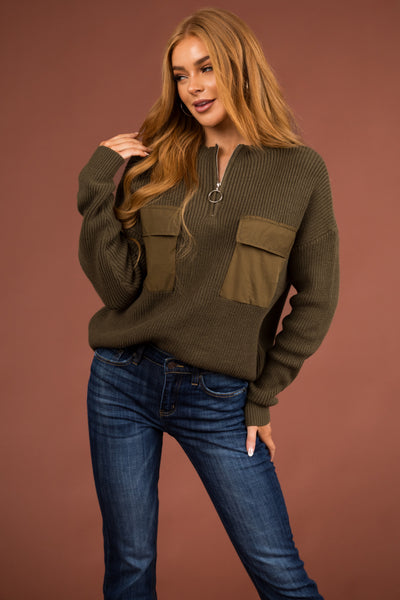 Army Green Half Zip Sweatshirt with Front Pockets