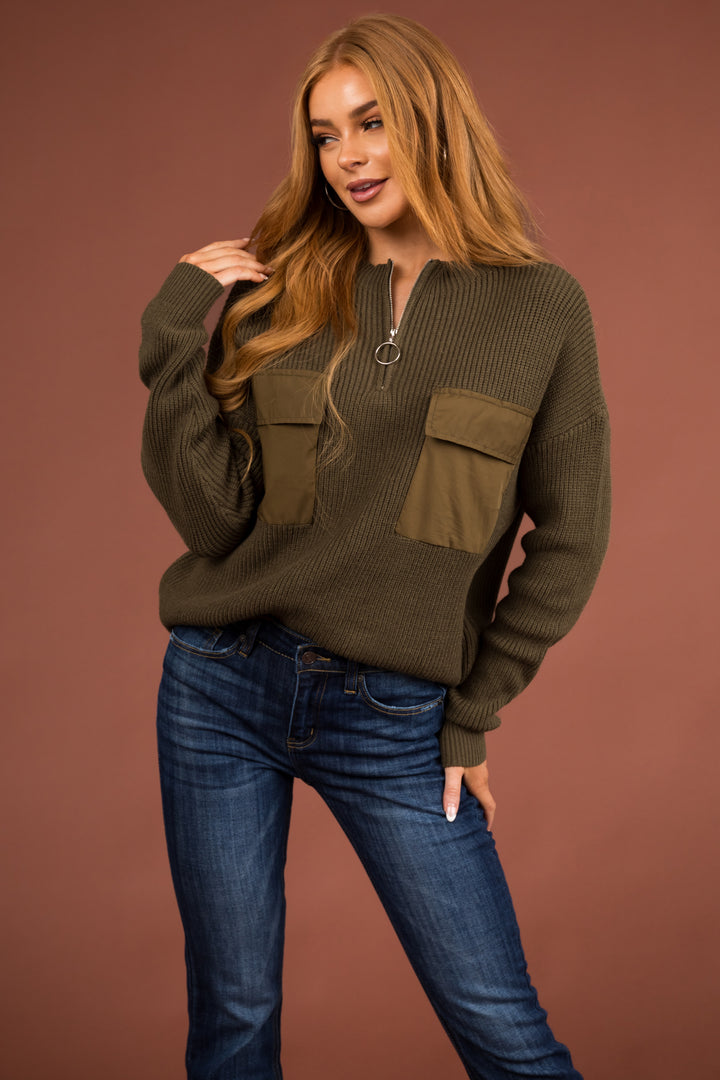 Army Green Half Zip Sweatshirt with Front Pockets