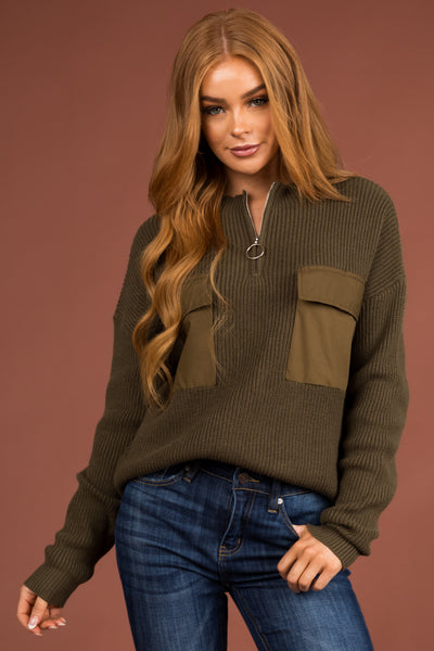 Army Green Half Zip Sweatshirt with Front Pockets