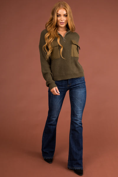 Army Green Half Zip Sweatshirt with Front Pockets