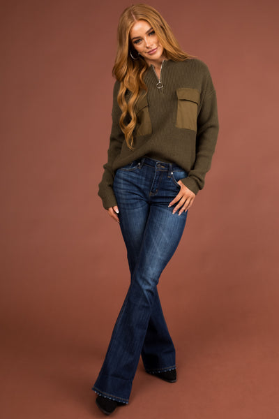 Army Green Half Zip Sweatshirt with Front Pockets