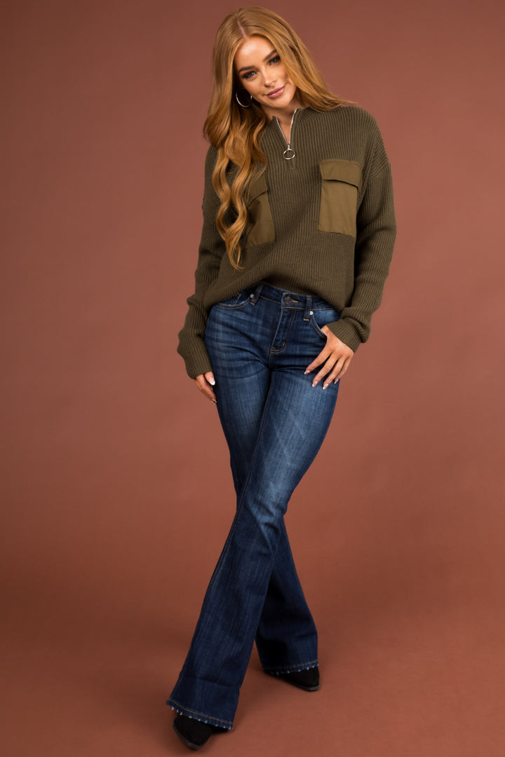 Army Green Half Zip Sweatshirt with Front Pockets