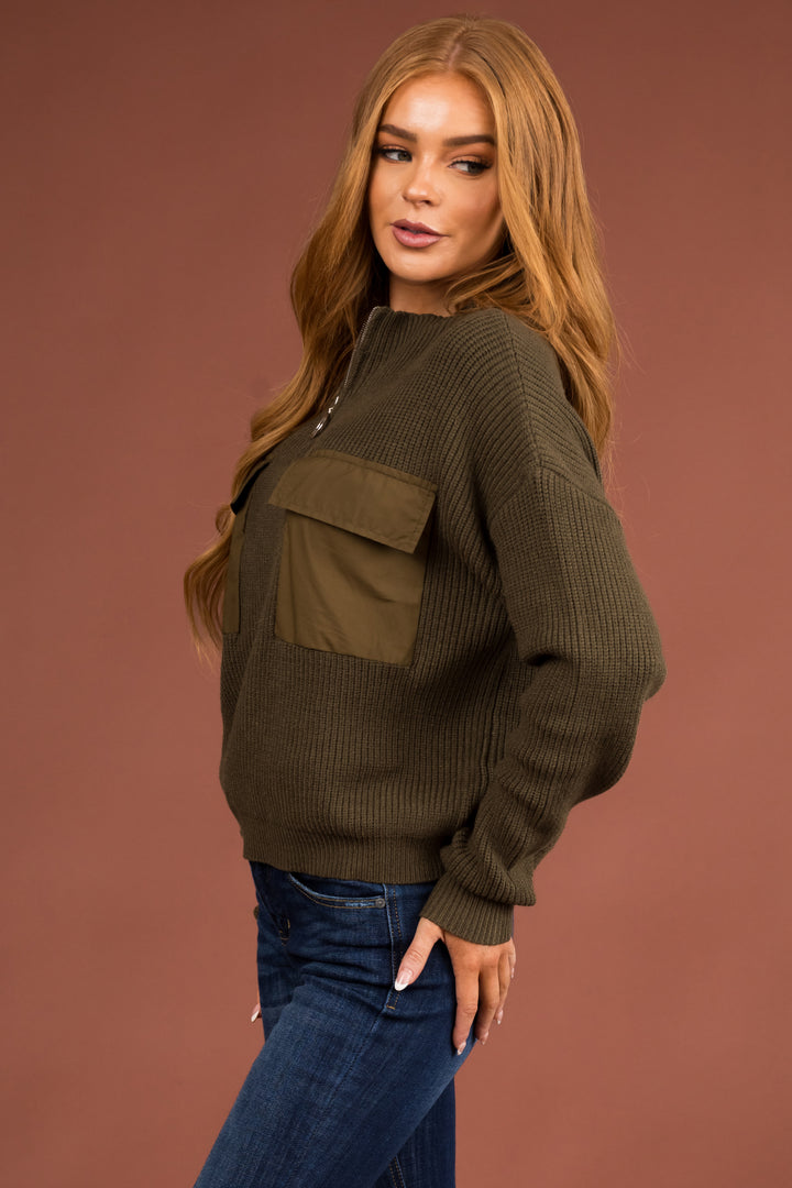 Army Green Half Zip Sweatshirt with Front Pockets