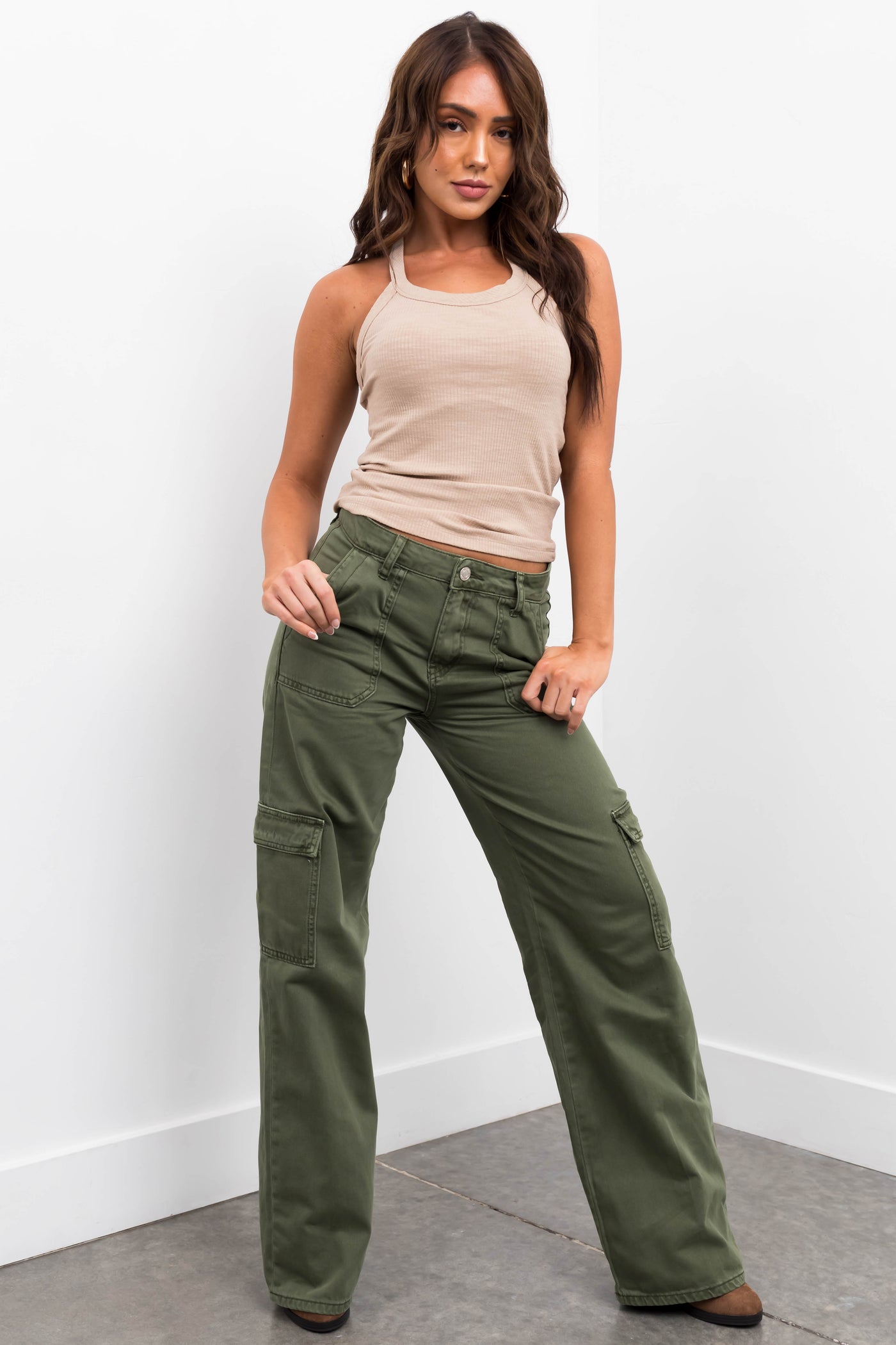 Army Green High Rise Wide Leg Cargo Jeans | Lime Lush