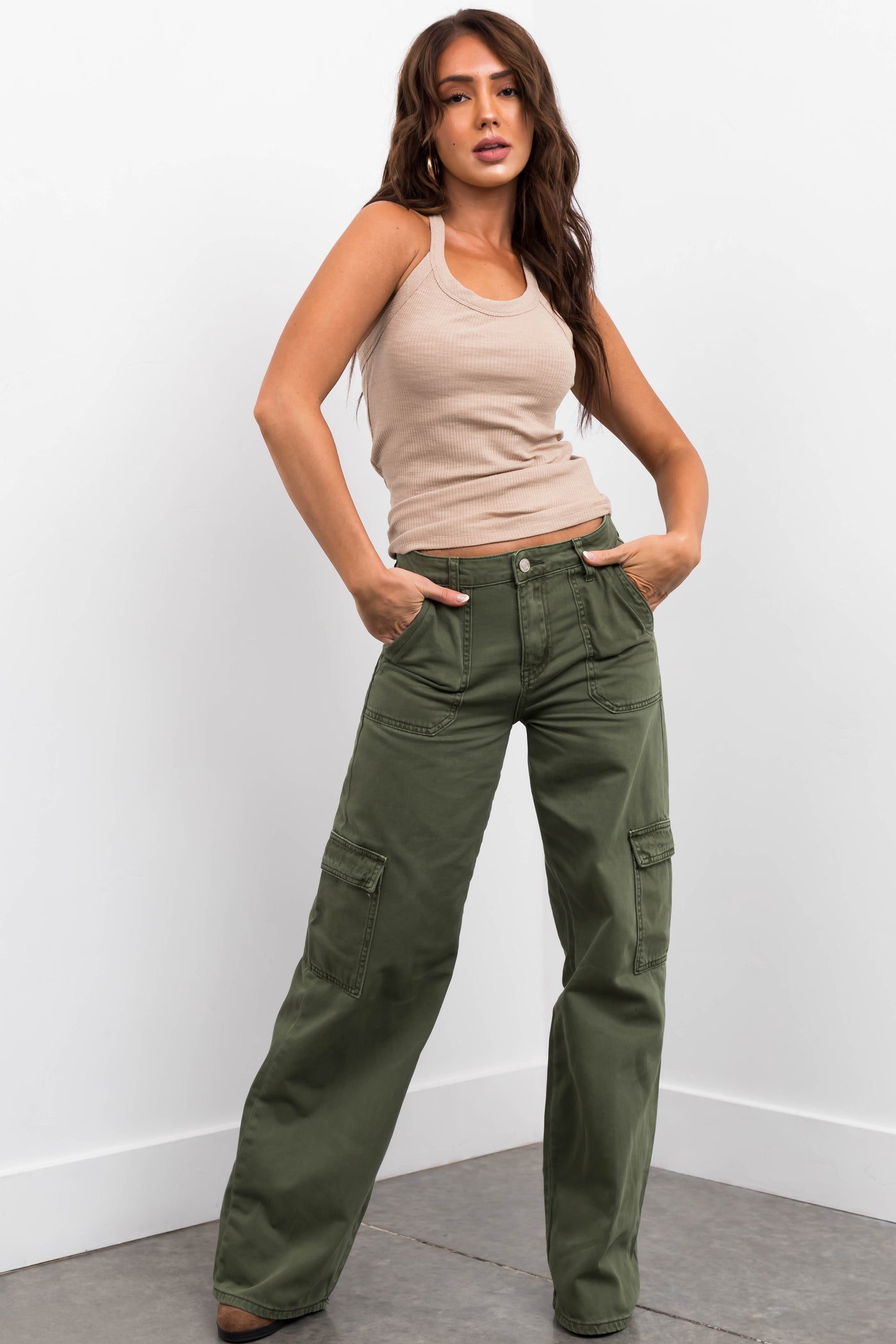 Army Green High Rise Wide Leg Cargo Jeans