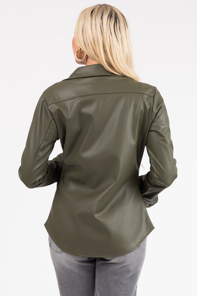Army Green Long Sleeve Faux Leather Shirt