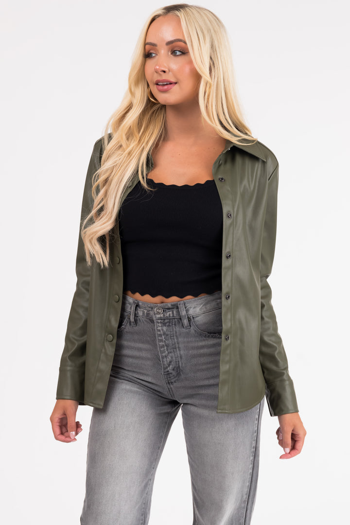 Army Green Long Sleeve Faux Leather Shirt