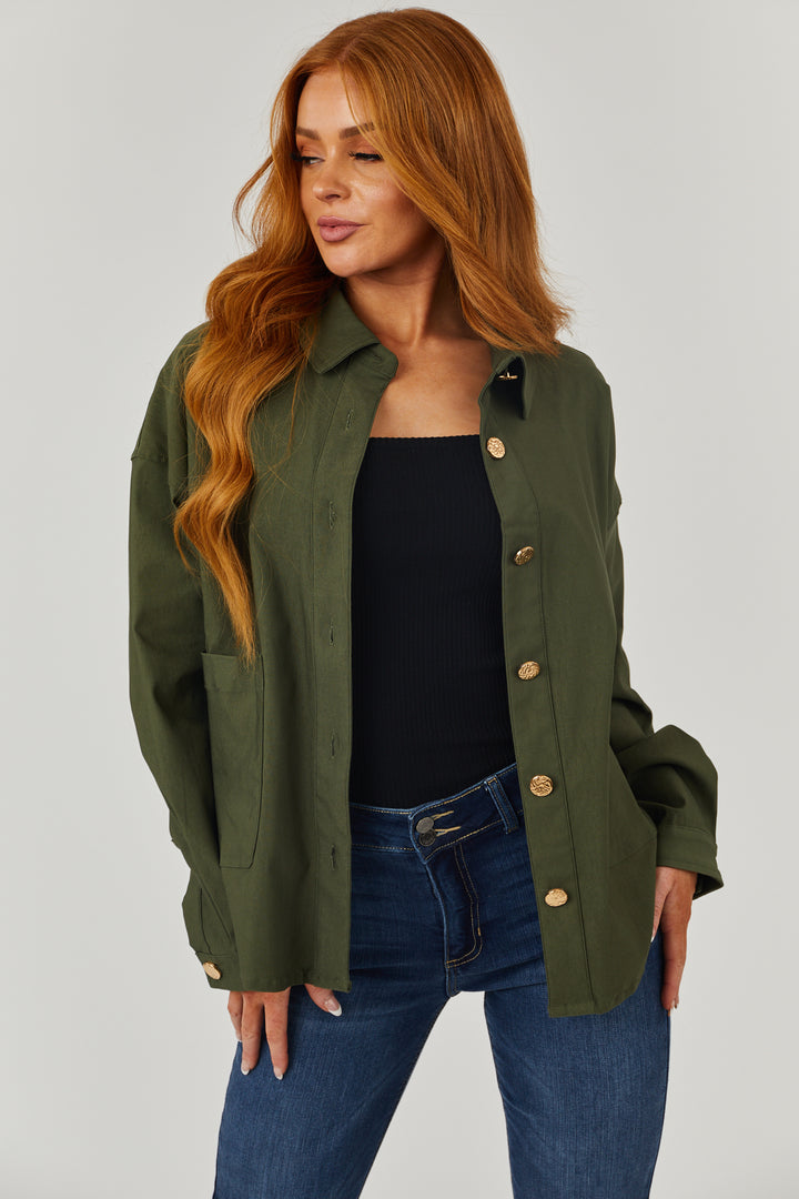 Army Green Oversized Long Sleeve Button Up Shacket