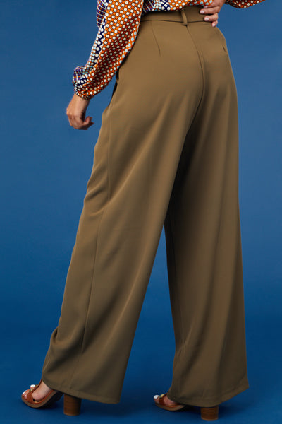 Army Green Pleated High Rise Wide Leg Woven Pants