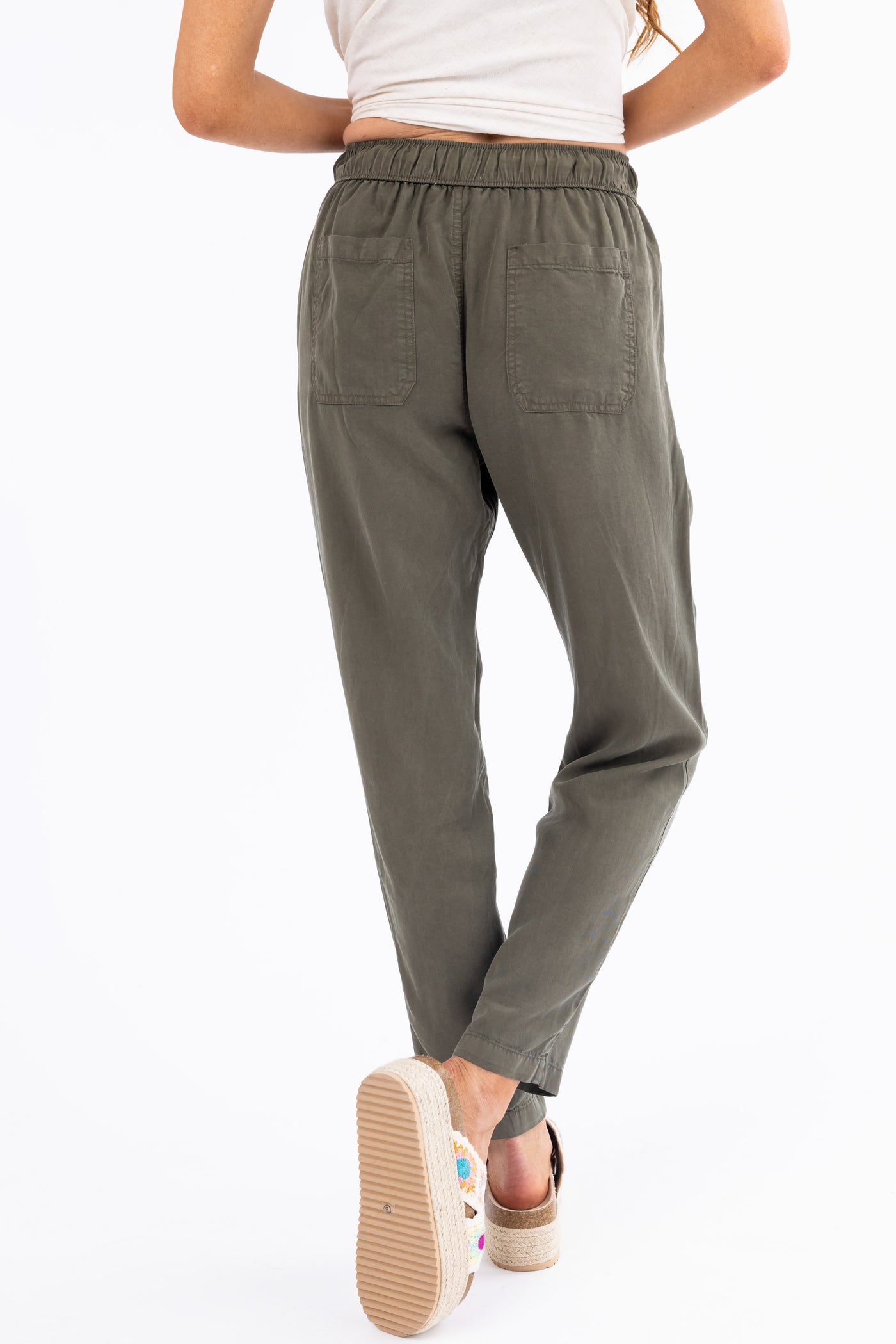 Army Green Straight Leg Drawstring Soft Pants