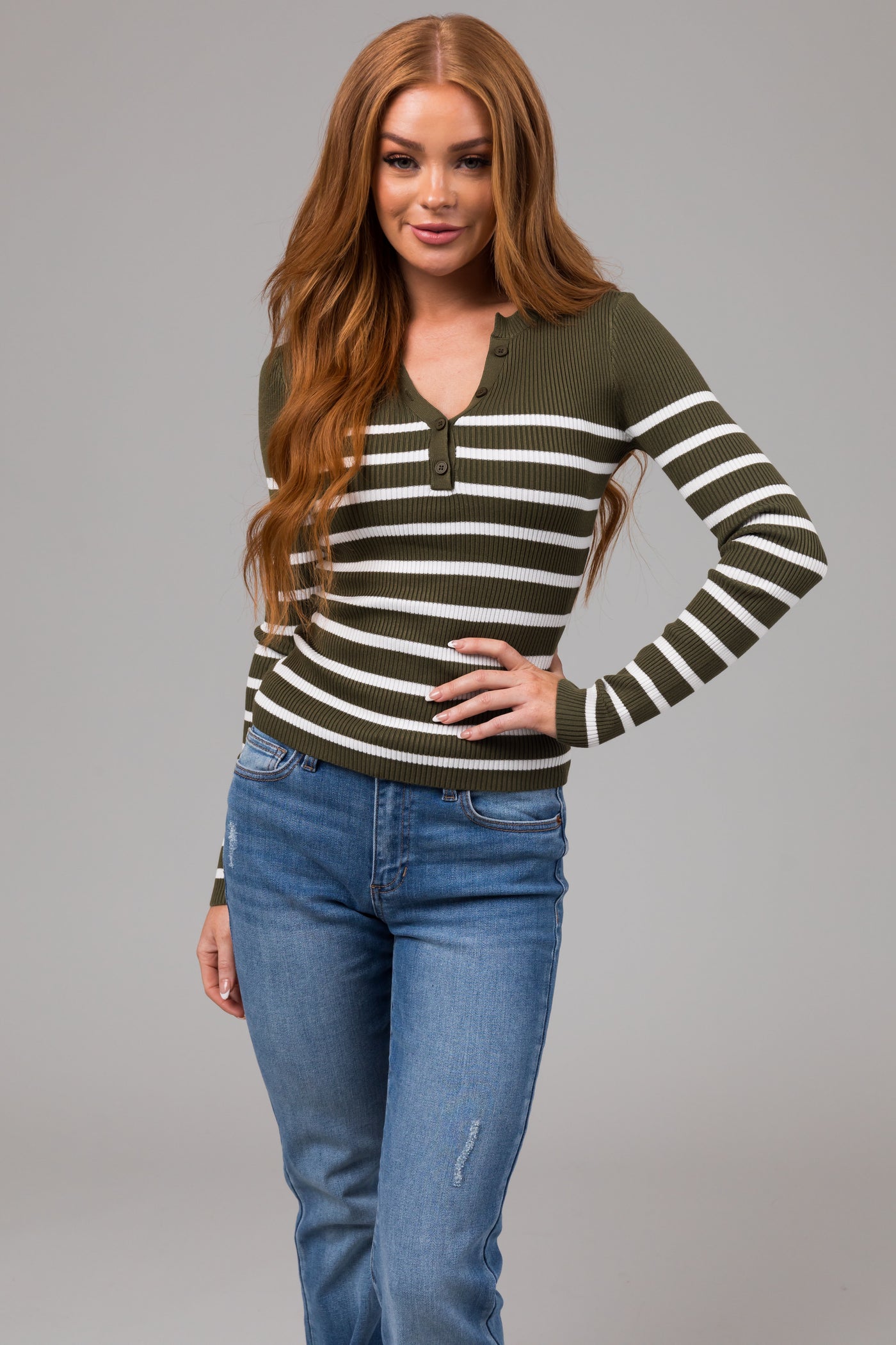 Army Green Striped Long Sleeve Ribbed Knit Top