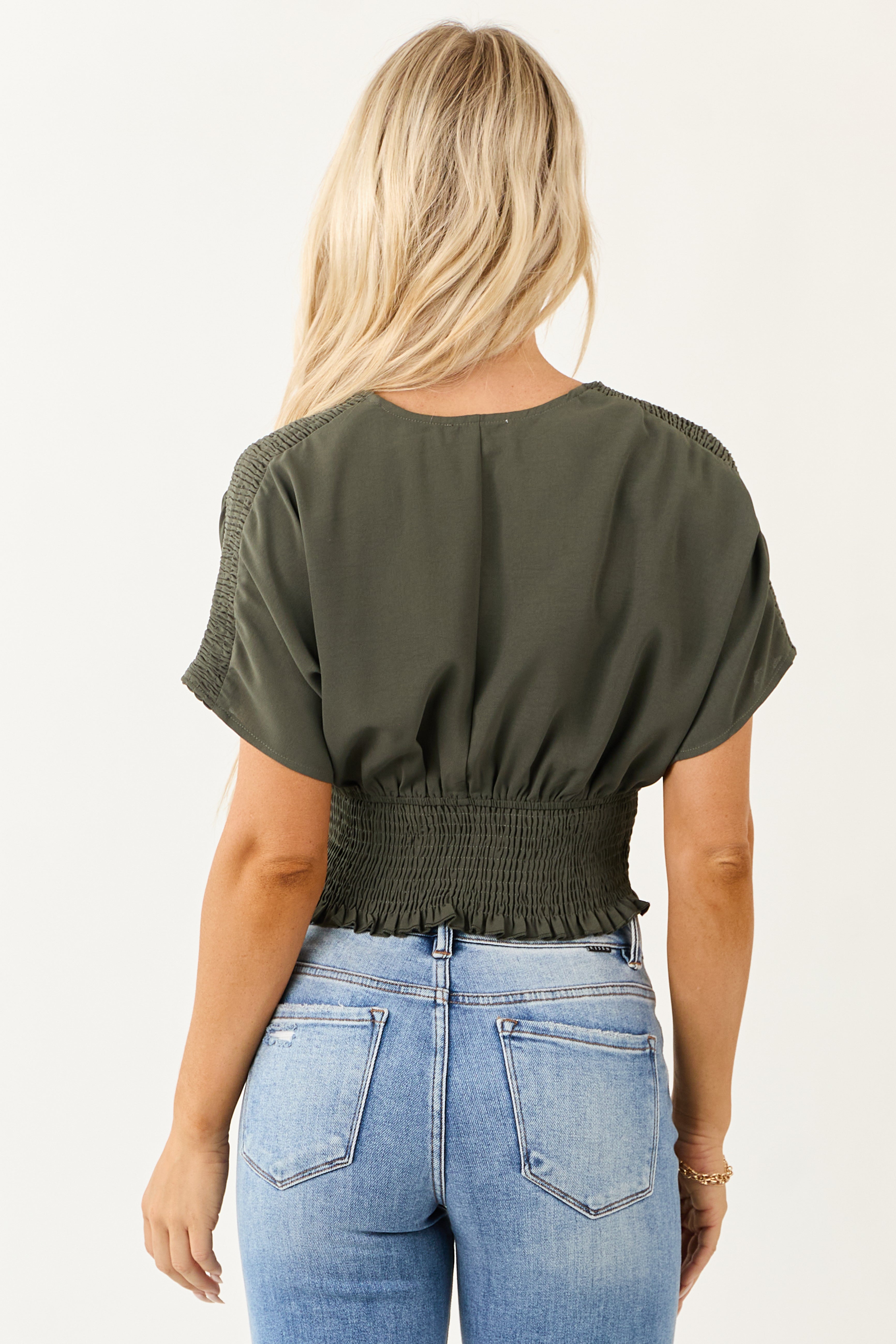 Army Green V Neck Smocked Surplice Top
