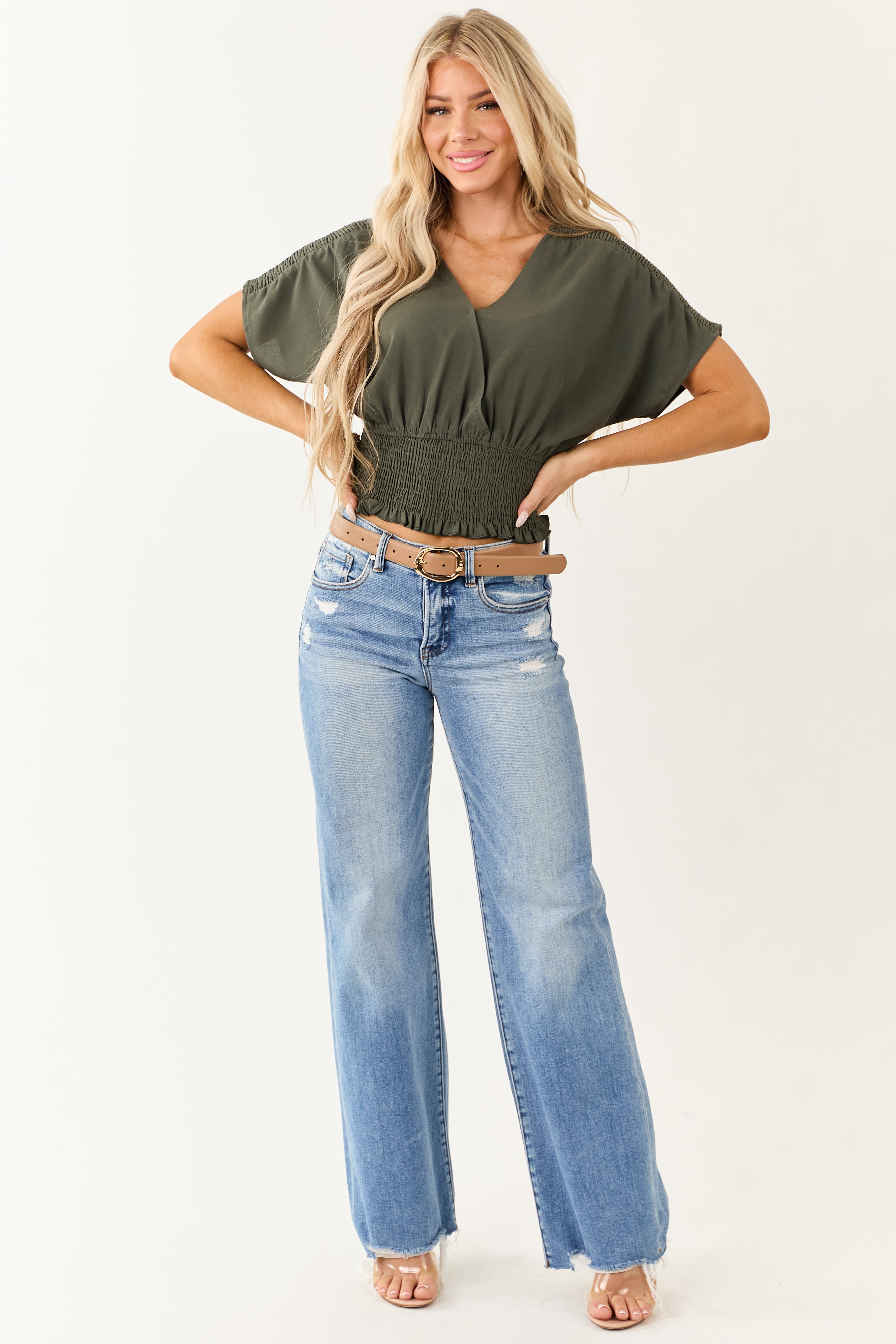 Army Green V Neck Smocked Surplice Top