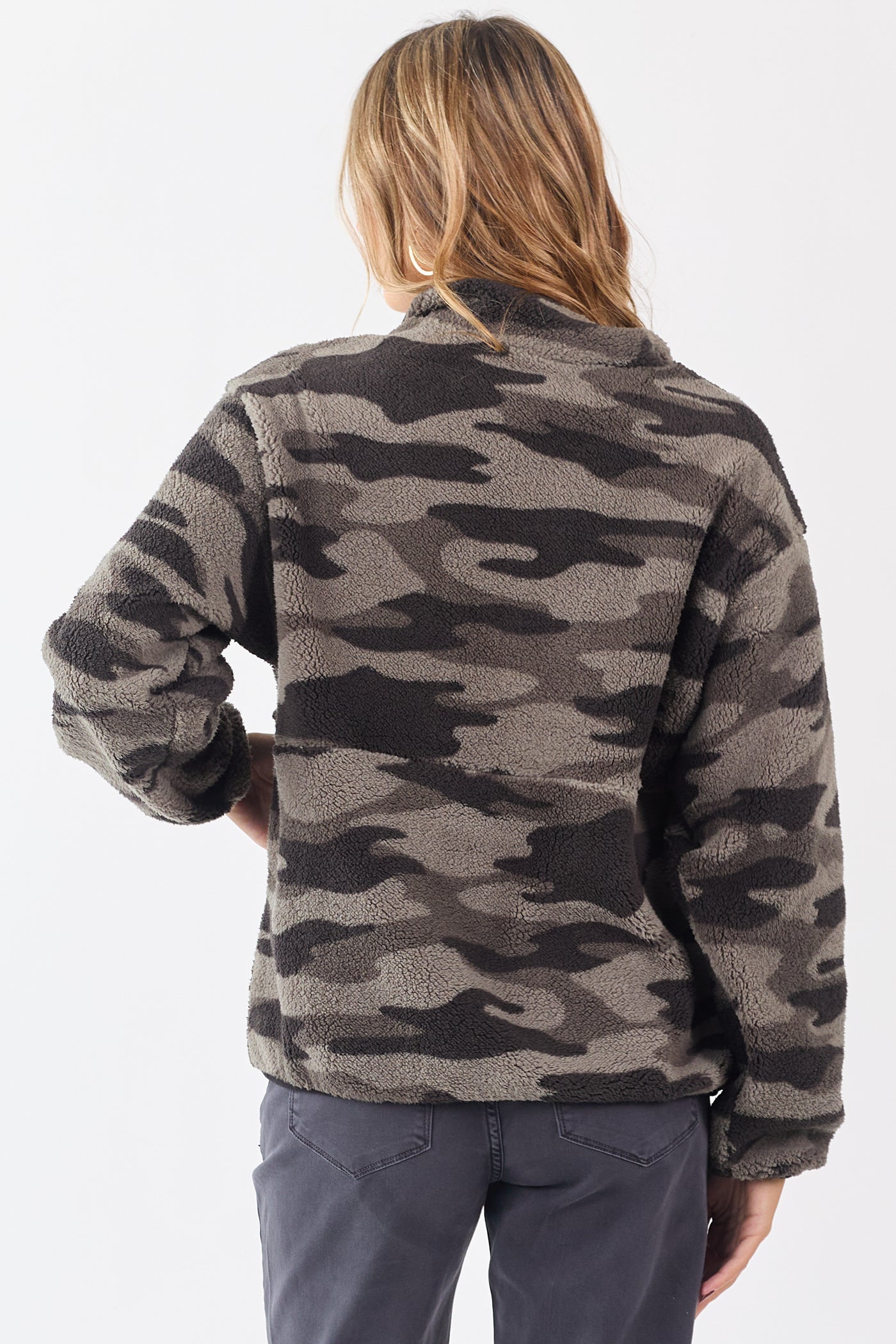 Ash Camo Print Half Zip Up Sherpa Pullover Jacket