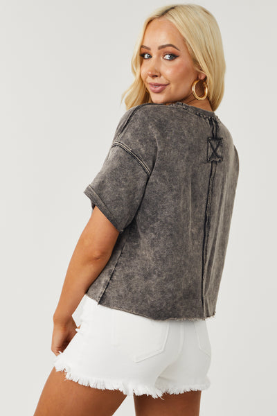 Ash Grey Acid Wash Short Sleeve Raw Edge Crop Top