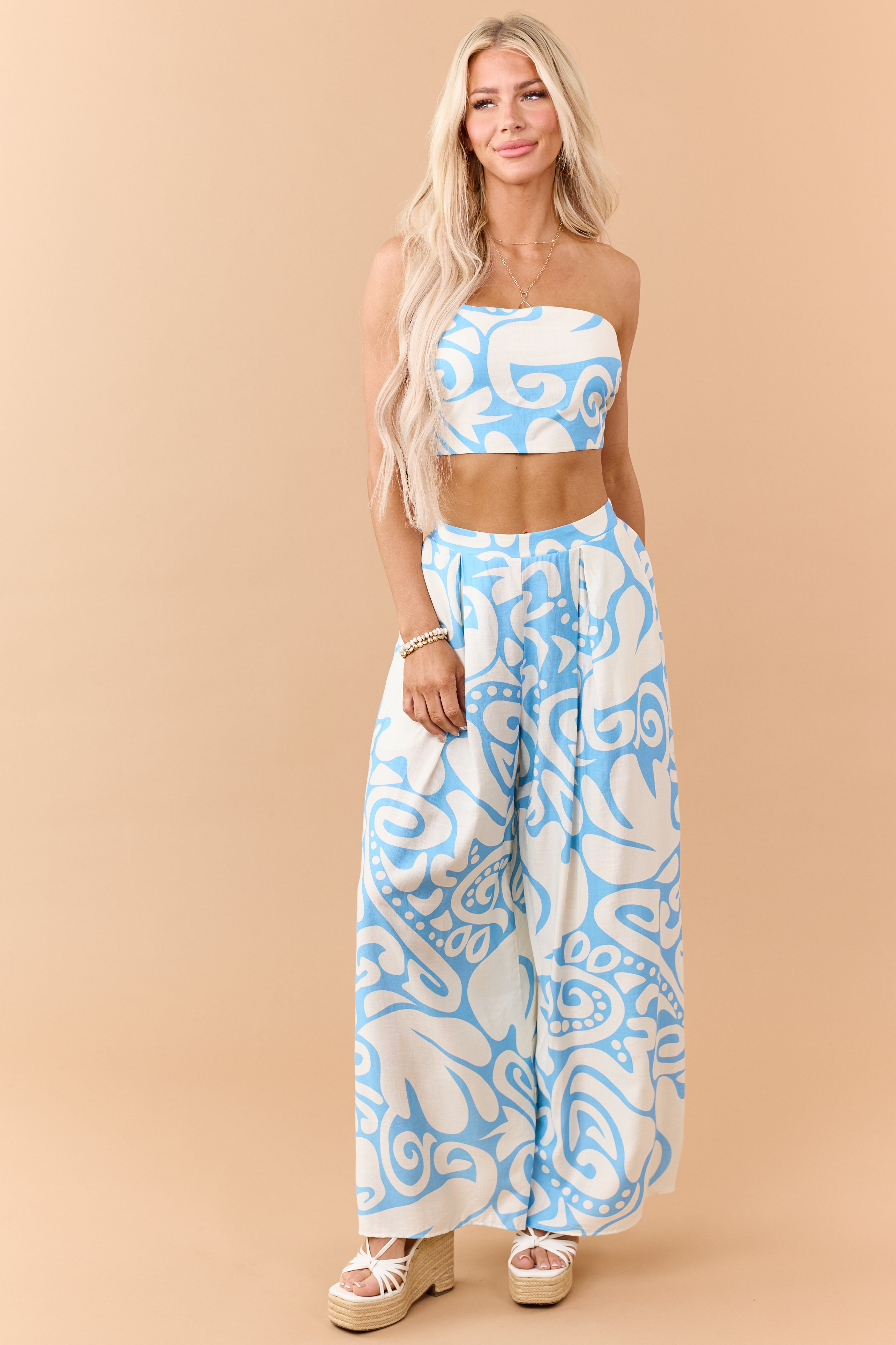 Azure Abstract Strapless Top and Wide Pants Set