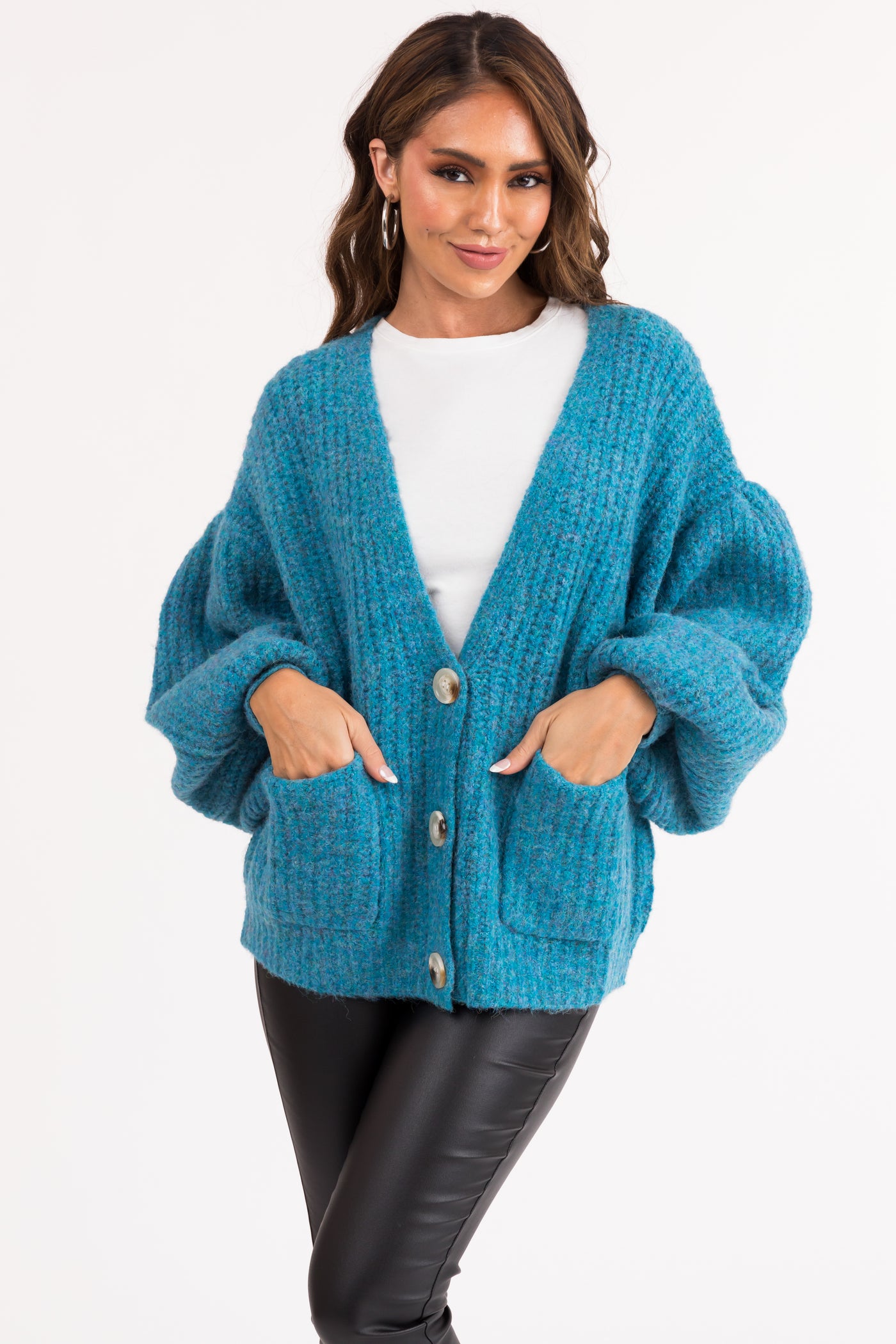 Azure Button Up V Neck Long Sleeve Cardigan