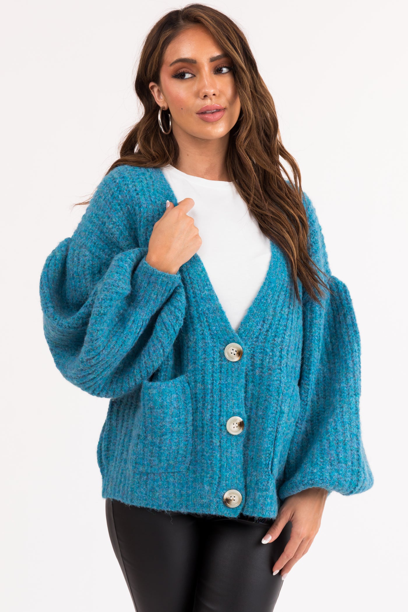 Azure Button Up V Neck Long Sleeve Cardigan