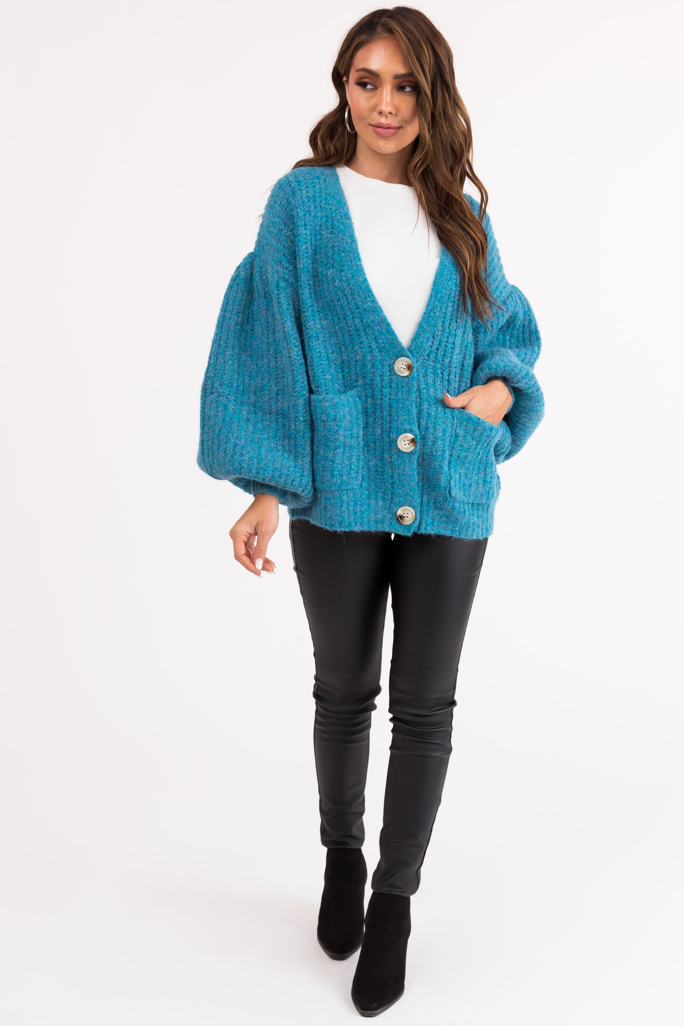 Azure Button Up V Neck Long Sleeve Cardigan