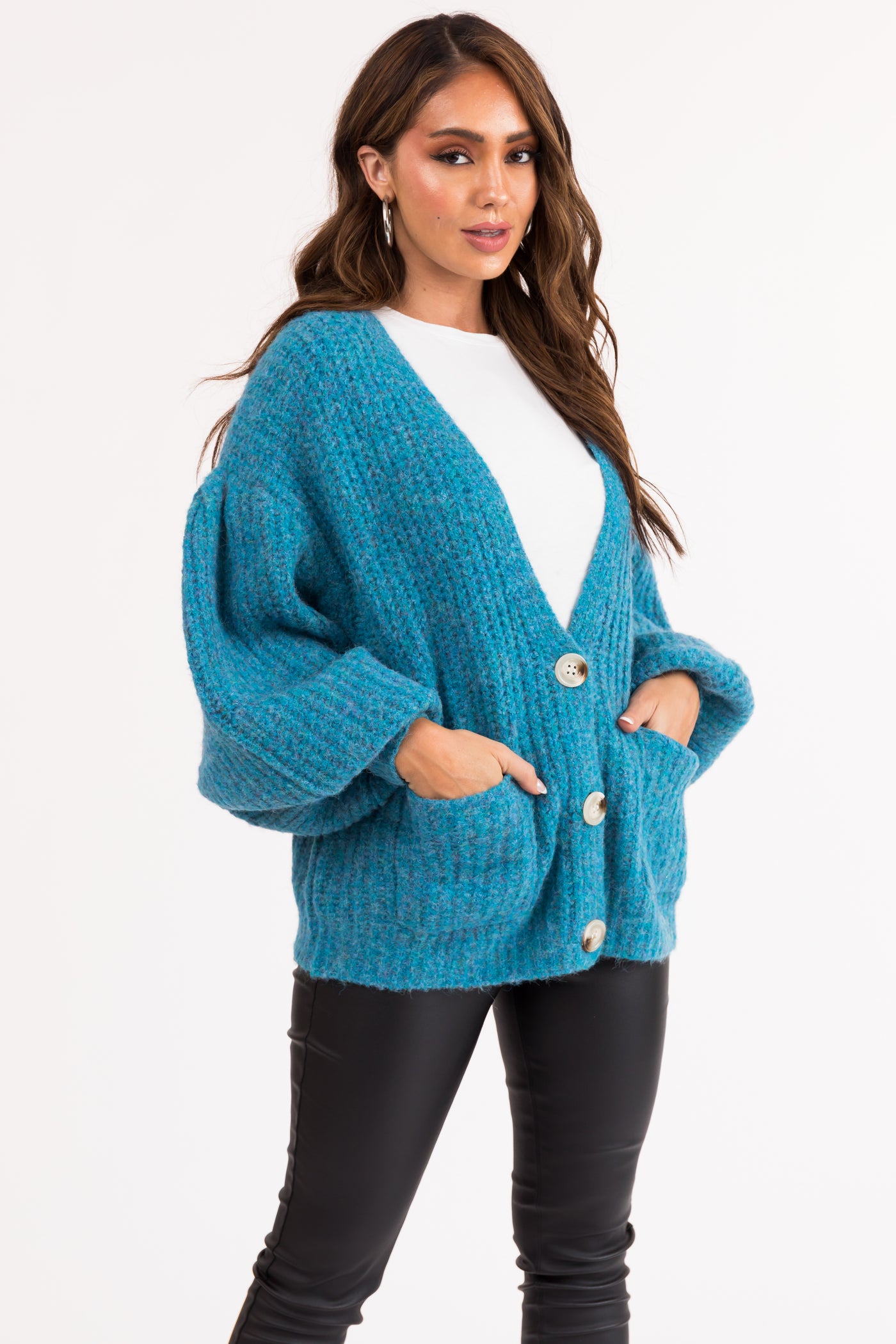 Azure Button Up V Neck Long Sleeve Cardigan