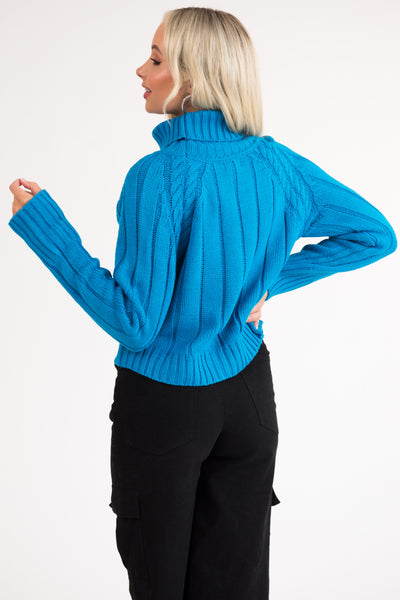 Azure Cropped Ribbed Cable Knit Sweater