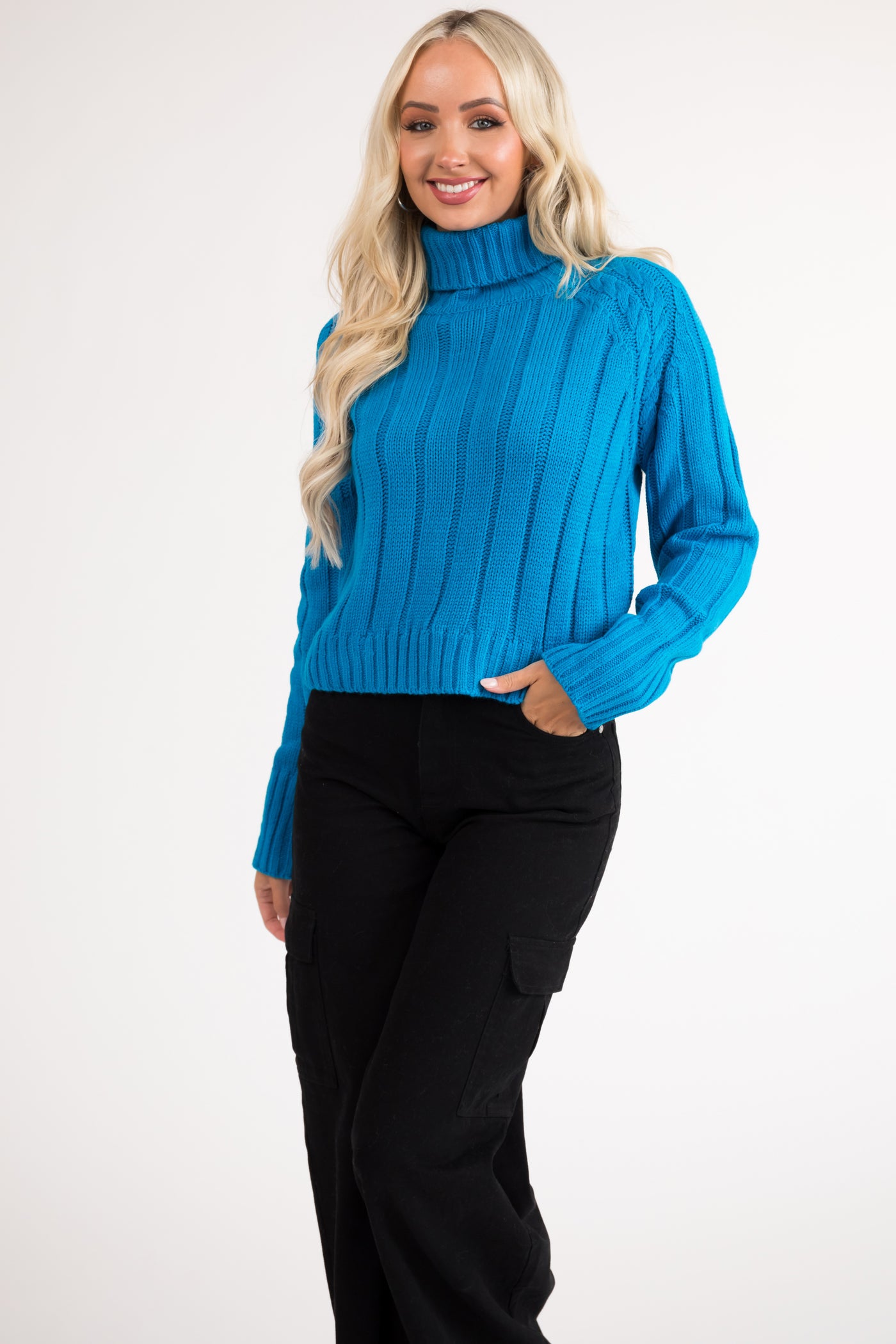 Azure Cropped Ribbed Cable Knit Sweater
