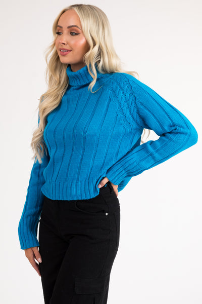 Azure Cropped Ribbed Cable Knit Sweater