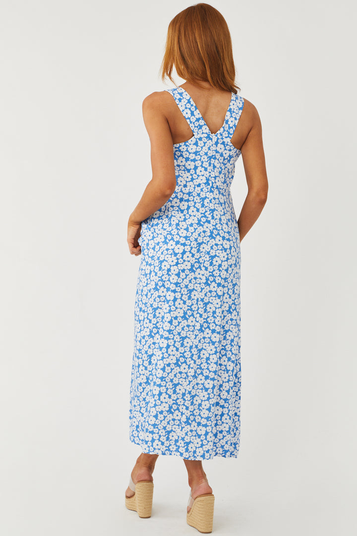 Azure Ditsy Floral V Neck Midi Dress with Pockets