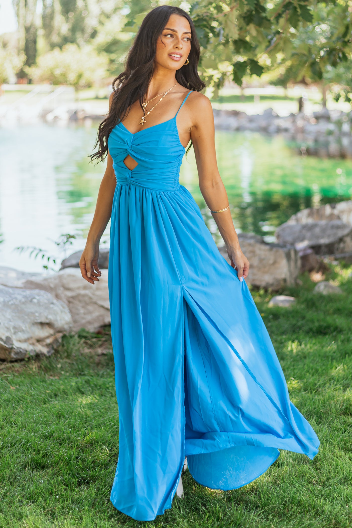 Azure Flowy Chiffon Front Twist Maxi Dress - S Azure Flowy Chiffon Front Twist Maxi Dress - S