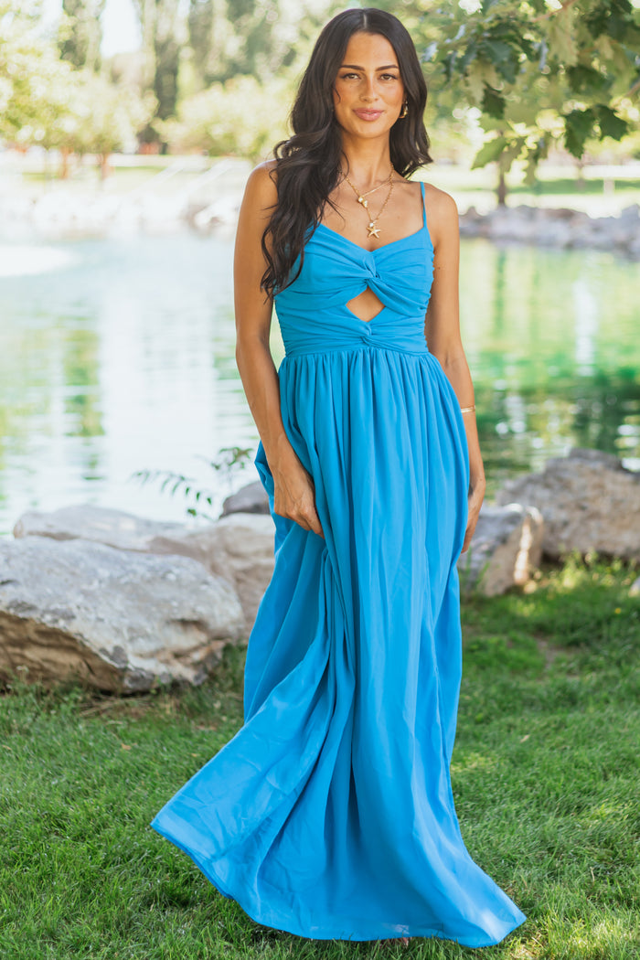 Azure Flowy Chiffon Front Twist Maxi Dress Lime Lush Boutique