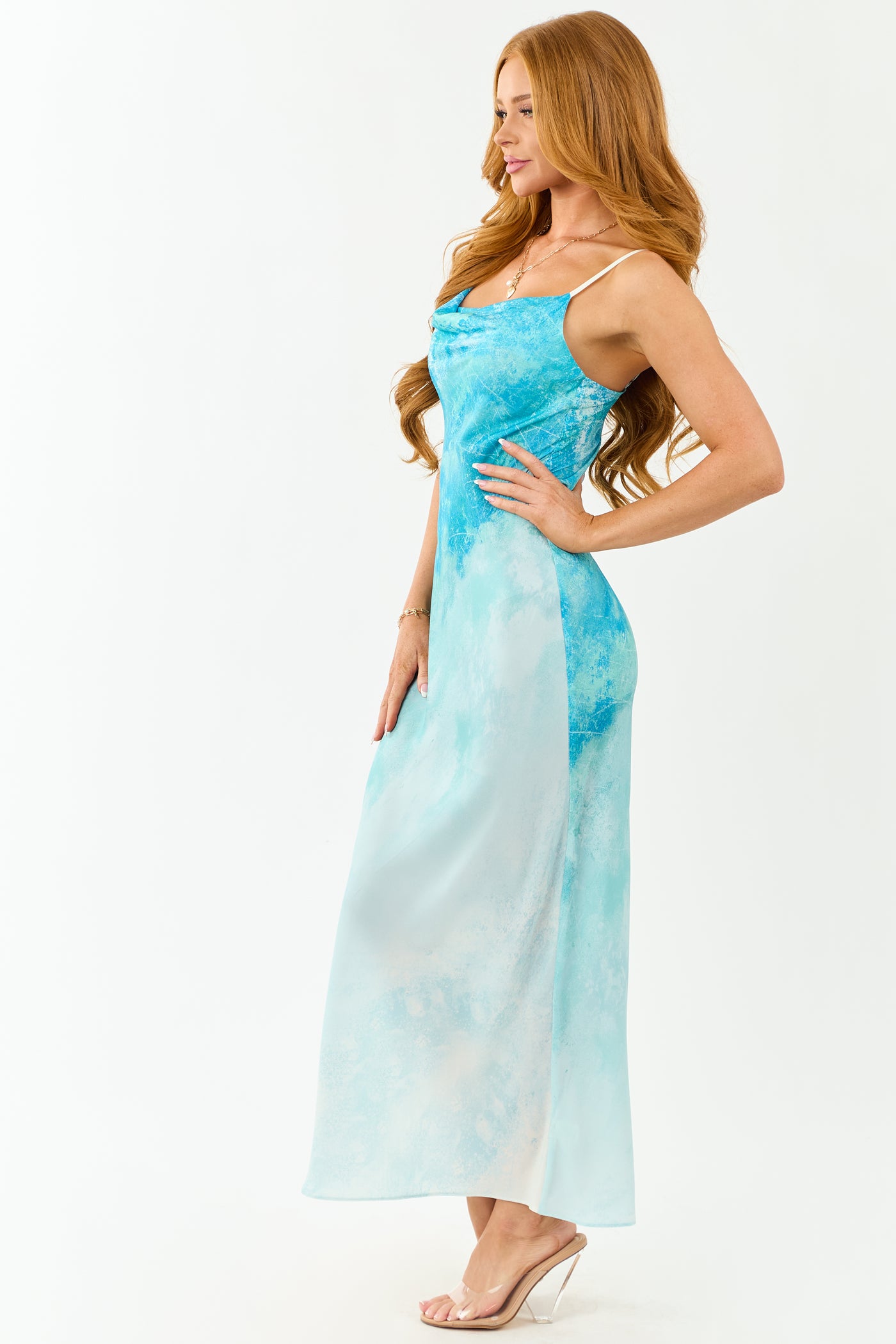 Azure Ombre Cowl Neck Sleeveless Maxi Dress