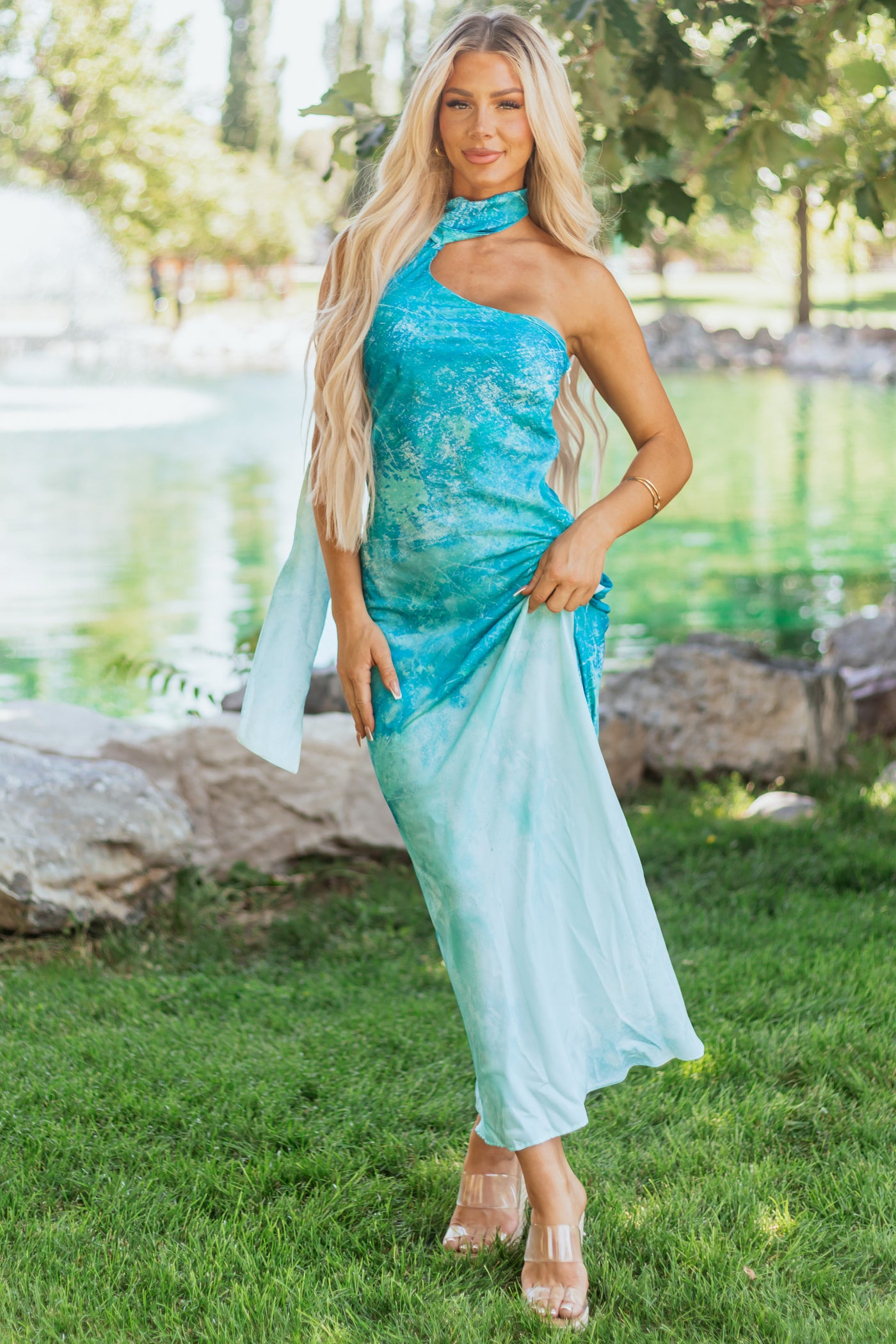Azure Ombre One Shoulder Sash Maxi Dress Azure Ombre One Shoulder Sash Maxi Dress