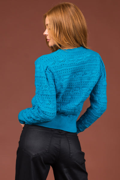 Azure Pointelle Knit Long Sleeve Sweater
