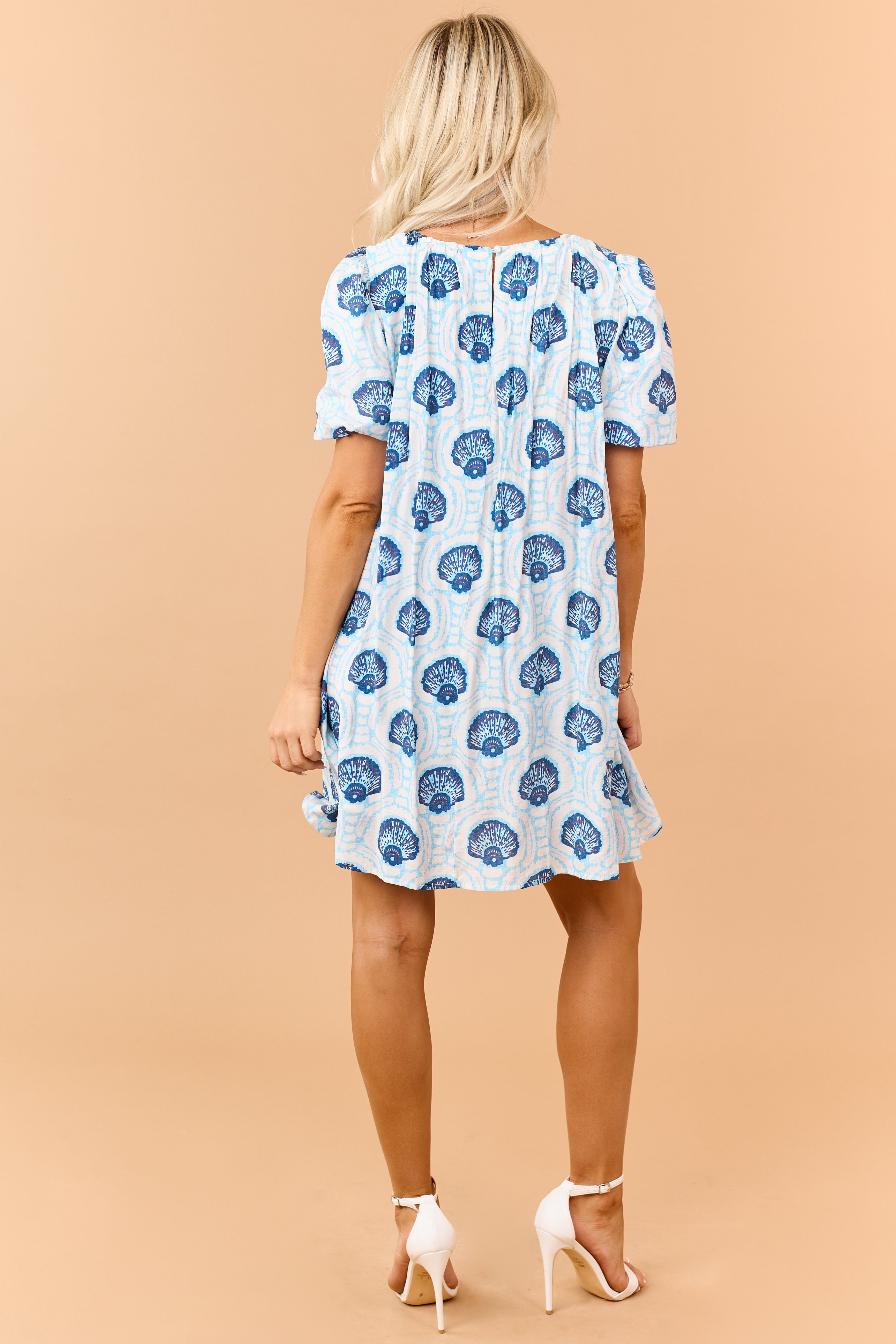 Azure Shell Pattern Puff Sleeve Relaxed Mini Dress